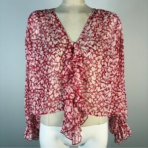 ❤️ ZARA Red White Floral Ruffled Print Top V-Neck Sheer Blouse M